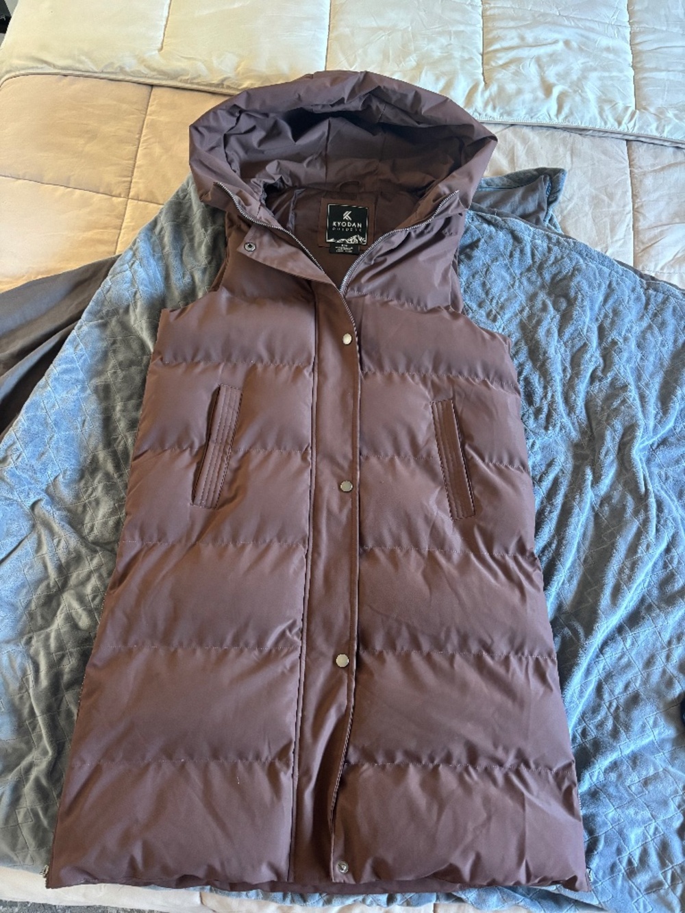 Brown long puffer vest